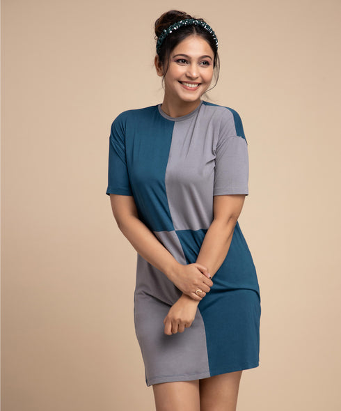 Teal N Grey Block Oversized Tshirt Dress